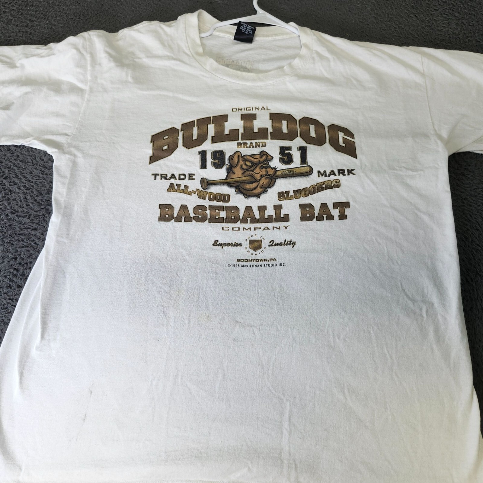 Vintage 1995 Bulldog Brand Baseball Bat Graphic T-Shirt White 2XL Classic Platin