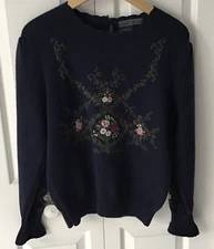 Vtg Herman Geist Women Blue Hand Embroidered Wool Floral Sweater Cottage-core M