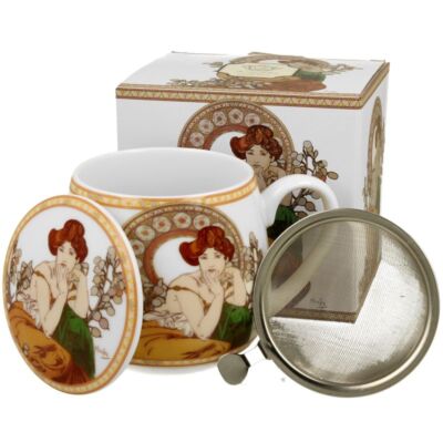 Teetasse mit Sieb und Deckel Alphonse Mucha Topas Duo Porzellan