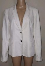 Banana Republic Women's Blazer Size 14 Cream Boucle Tweed Knit Fringe Front NEW