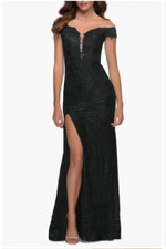 LA FEMME OFF THE SHOULDER STRETCH SPAKLE LACE MERMAID BLACK GOWN DRESS 2