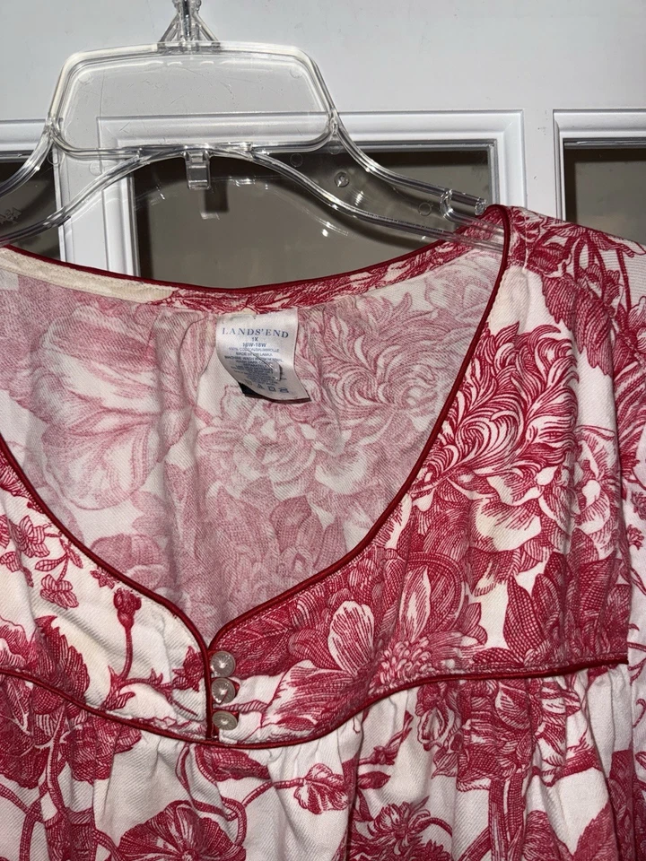 Camisón Lands End 100 % algodón tejido manga larga rojo blanco floral mujer 1X 16/18 Foto 4 de 4