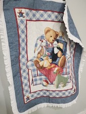 Vintage Blue Jean Teddy Bear Quilt Blanket Plaid Nursery Throw Reversible 90s