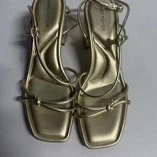 Women Shoe By Marc Fisher Size 8 1/2 Gold Strappy 2in Heel Buckle New
