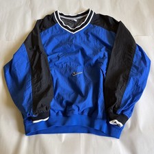 NIKE Vintage Windbreaker Mens L Center Swoosh V Neck Pullover 90s Blue