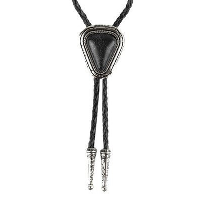 Teardrop Natural Real Black Pine Stone Bolo Tie 40'' Adjustable Leather Cord