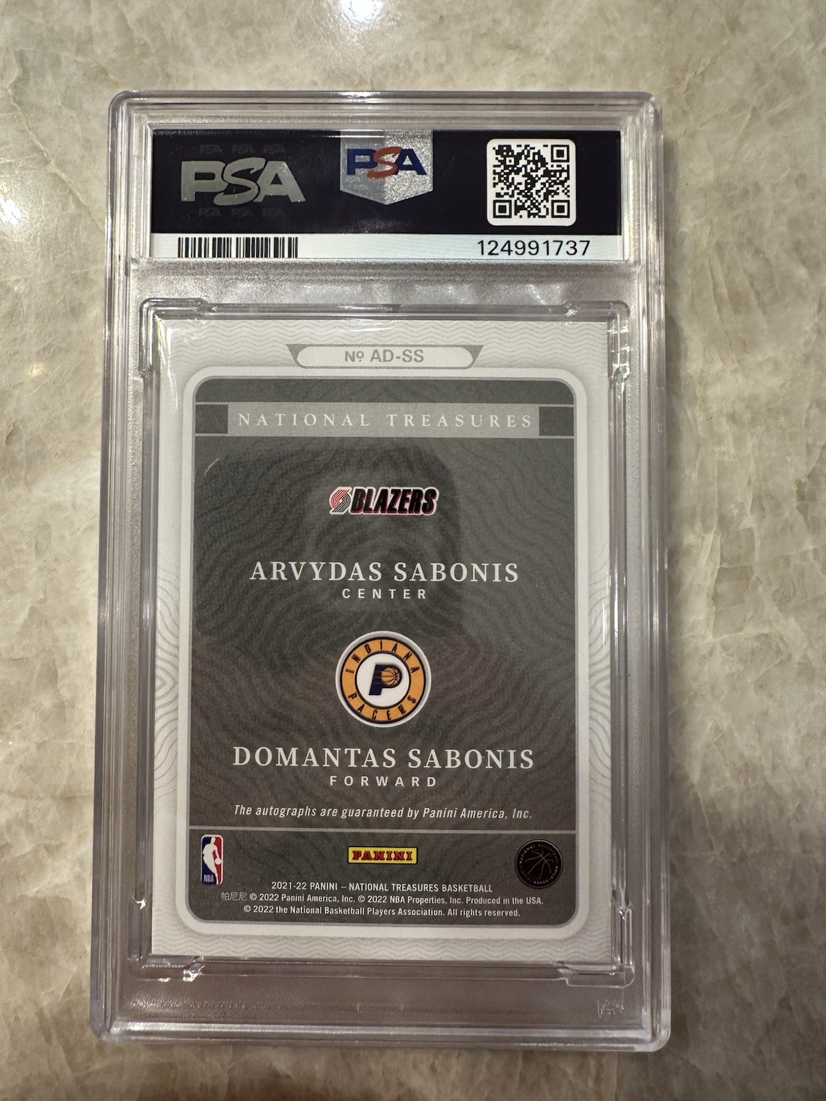 2021-22 Panini National Treasures Dual Auto Domantas Sabonis Arvydas PSA 10 GEM view 5