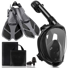Full Face Snorkel Mask Set Dry Top Fins Camera Mount Travel Bag Panoramic
