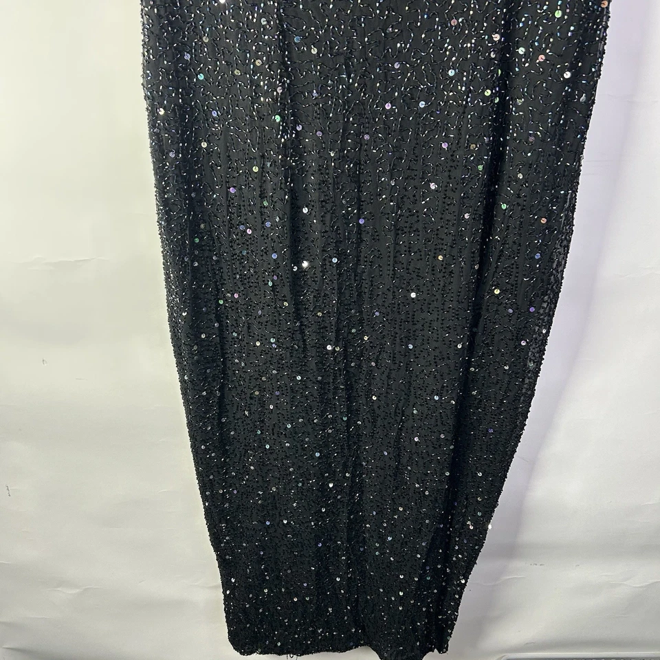 Stenay Formal Gown Black A Line Silk Silver Sequin Bead Short Sleeve Zip Sz 16 - Image 2 of 4
