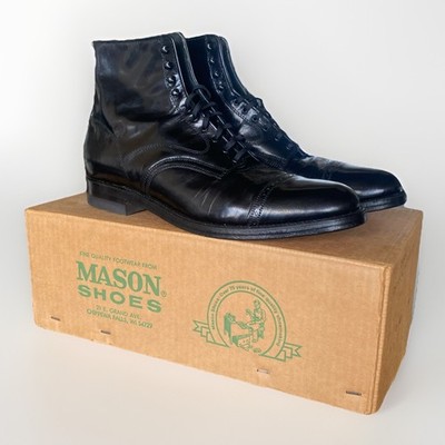 Vintage Mason Shoes Mens 10.5 B Black Leather Lace Up 6  Ankle Boot USA Cap Toe