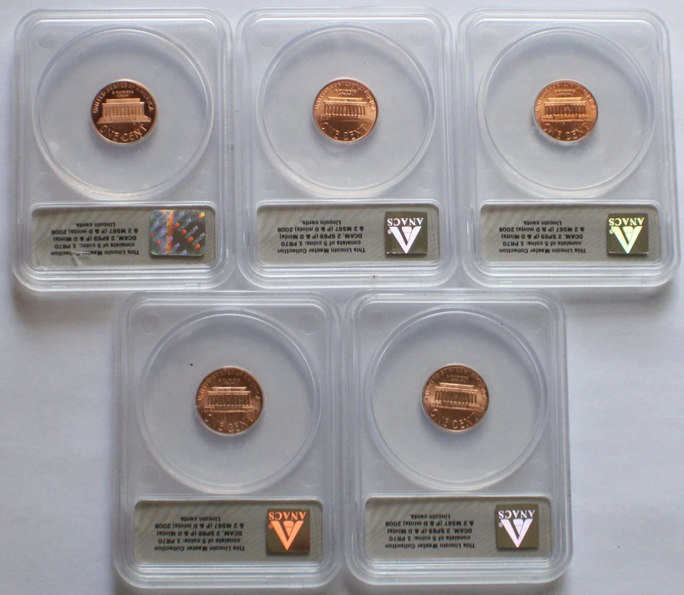 5 Coin Lincoln Cent Set Master Collection 2008-PDS - ANACS PR70 DCAM, SP69, MS67 - Image 2 of 4