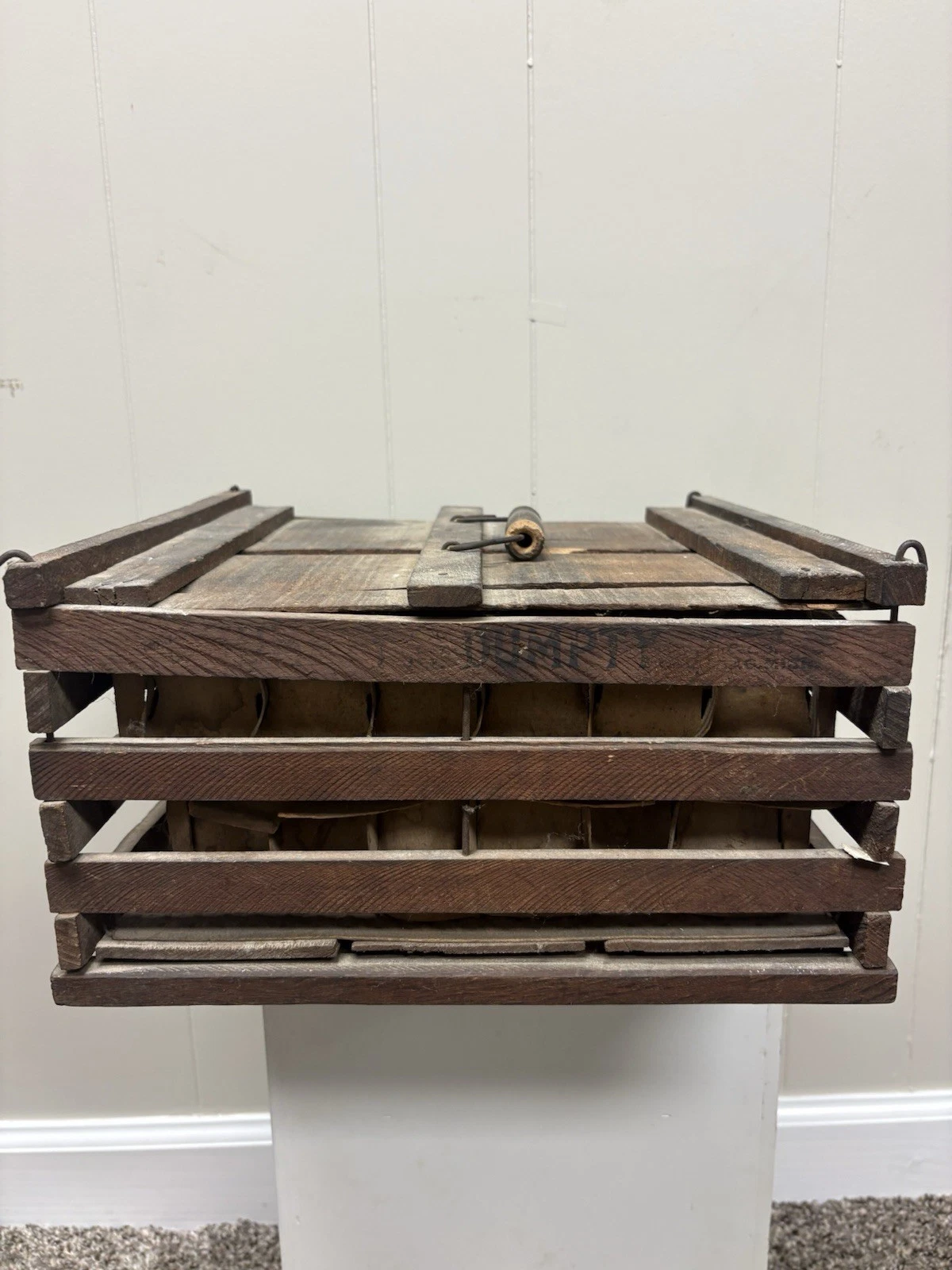 Antique Humpty Dumpty Wooden Egg Crate With Cardboard Egg Dividers Inside Still