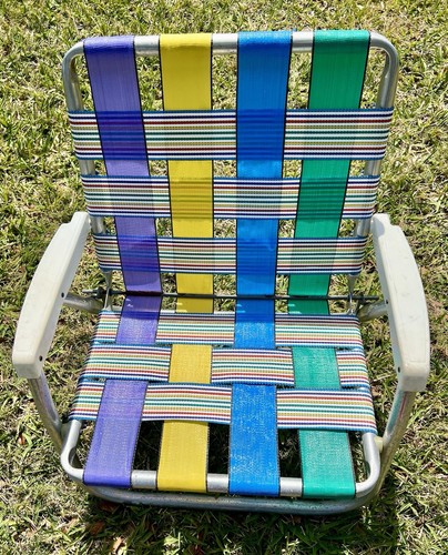 2 Sunbeam Chairs Vintage Aluminum Folding Beach Lawn Patio short webbed - Picture 2 of 5
