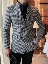 Houndstooth Men's Double Breasted Blazer Business Leisure Party Prom Tuxedo Suit