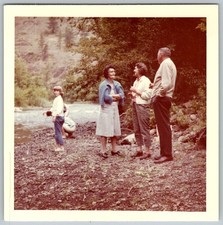 Vtg Color Snapshot Family People Standing River Bank Outdoor Park Landscape