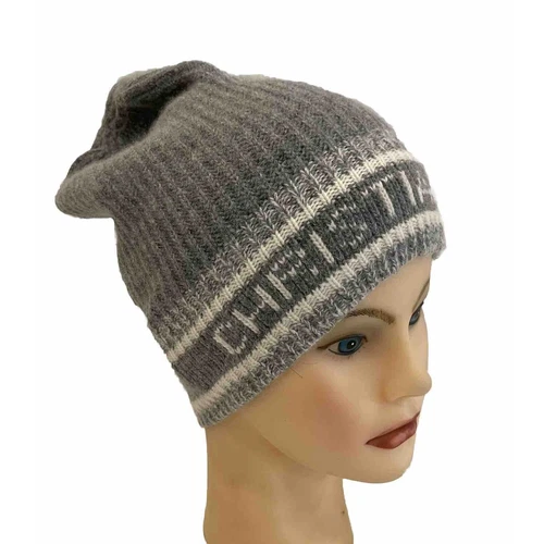Bonnet tricot logo Christian Dior, laine/cachemire, gris et blanc