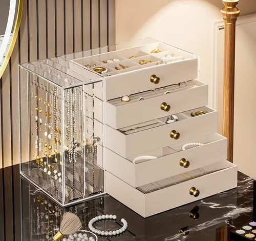 Jewellery Box Storage Organiser Large Capacity 5 Drawer 2 Side Display Beige