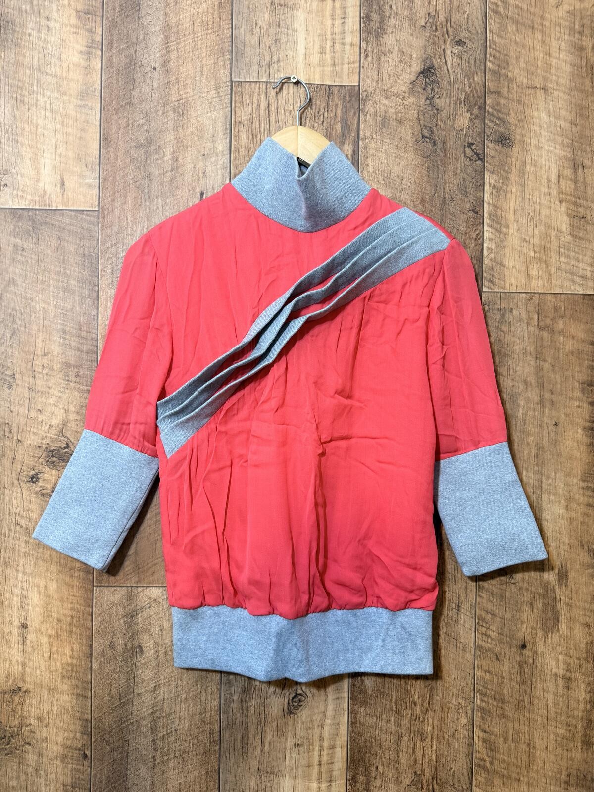 Osman London Runway Sample Red Wool Top Grey Chiffon Sleeve S/M