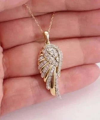 1.20 Ct Round Cut VVS1 Moissanite Angel Wings Pendant 14K Yellow Gold Plated