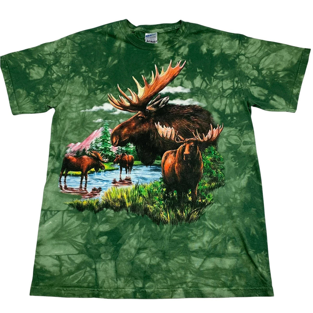 90s Tie Dye Moose Nature T Shirt Mens M Green Outdoor Hunter Wildlife Print EUC