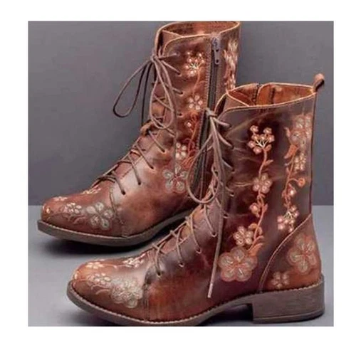 NEW Woman's Fashion Embroidered Flower Vintage Boho Lace Up Ankle Boots/ - Picture 2 of 18
