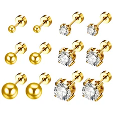 6 Pairs Men Women Stainless Steel CZ Ball Round Ear Stud Earrings Piercings Set
