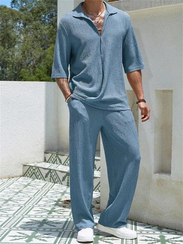 Men Summer Casual Outfit 2-Piece Set Short Sleeve T-Shirt and Pants Trousers Set - Picture 12 of 21