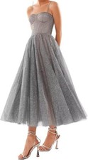Cudiew Size 14 Tulle Silver Sparkly Tea Length A-Line Gown Prom Cocktail Formal
