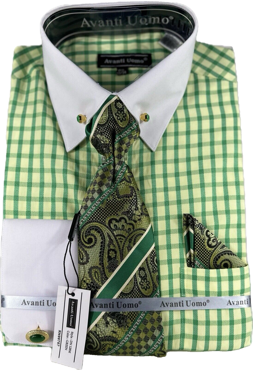 green dress shirt tie combo Avanti Uomo Men's Hanky Set Stone Collar Bar French Cuff group-DHD9979