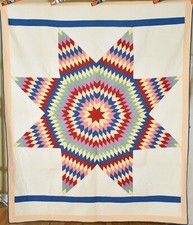 GORGEOUS Vintage 30's Blazing Star / Lone Star Antique Quilt Nice Blue Borders
