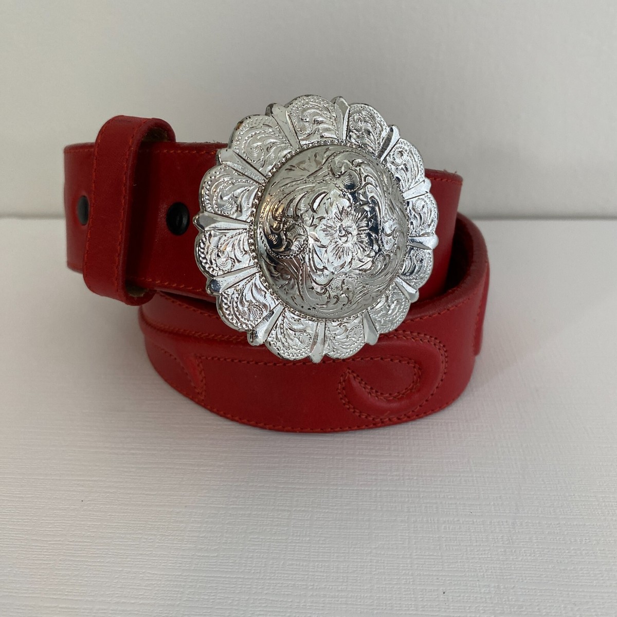 Vintage 90s Justin Red Leather Belt Silver Hardware 28 display picture 1