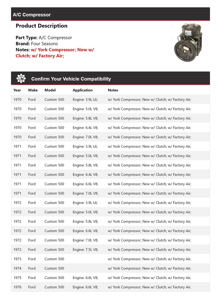 Compresor de aire acondicionado Ford Custom 500 1970-1976 4 estaciones 1971 1972 1973 1974 1975 Foto 2 de 4