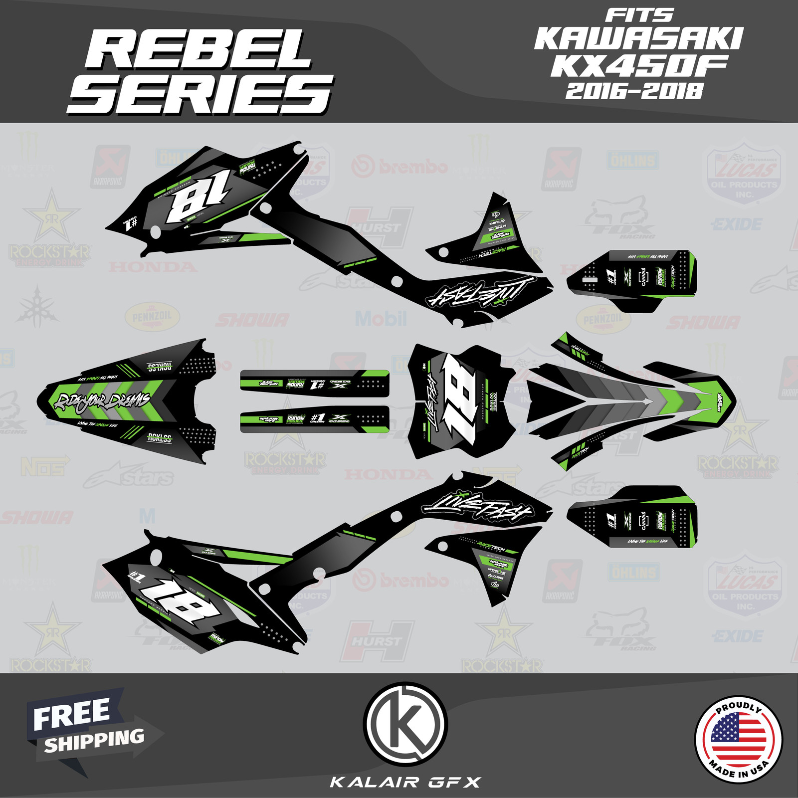 Graphics Kit for Kawasaki KX450F (2016-2018) KX 450F Rebel - GREEN