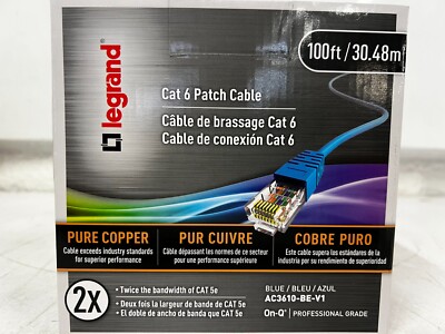 Legrand 100' Pure Copper Cat6 Patch Cable, Plug and Go, Blue, AC3610-BE-V1