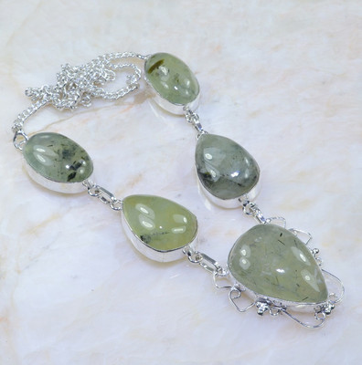 Collier Argent 925 Jaspe Préhnite Vert Fait Main 18,5 Pouces - Pièce Unique