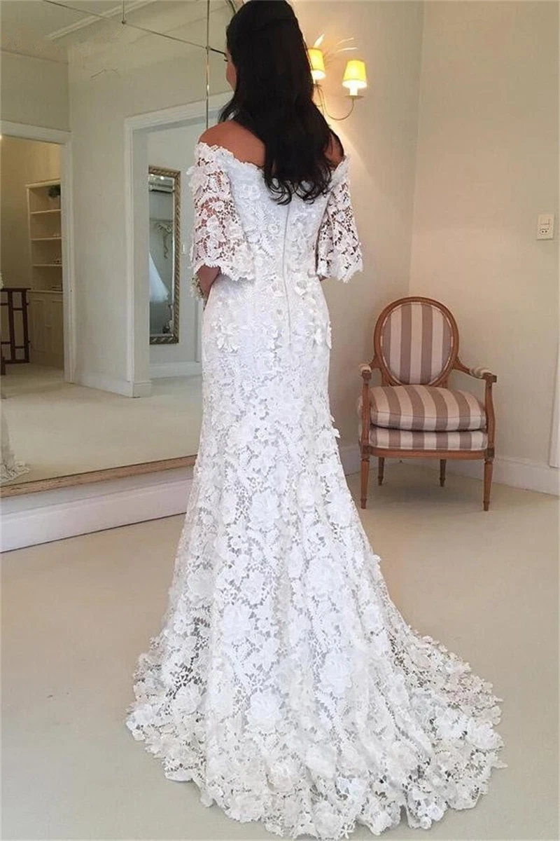 Wedding Dresses Off the Shoulder Boat Neck Half Sleeve Lace
