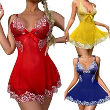 Women Sexy Bow Mesh Lace Floral Sheer Babydoll Chemise Lingerie G-String Set US