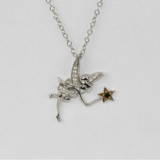Authentic Disney Tinkerbell Sterling Silver, Diamond Pendant Necklace 18"