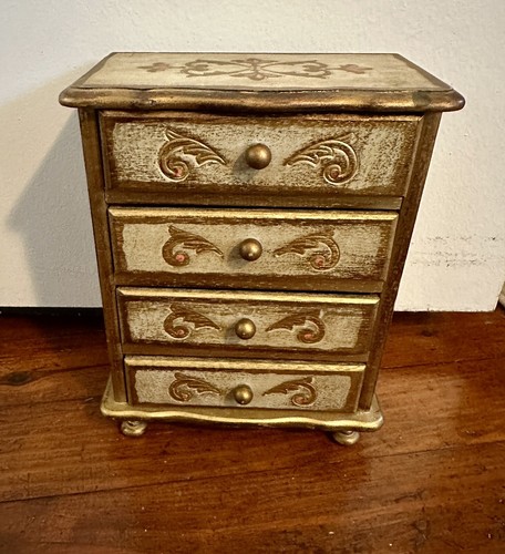 Vintage Regency Mele Wood Wooden Drawer Jewelry Box Musical Footed Red Velvet