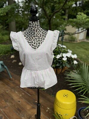 Draper James Seersucker V-Neck Flutter Ruffled Peplum Top L Striped Pink Green
