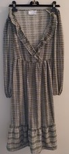 ASOS US 0 Long Sleeve Ruffled Wrap Front Check Plaid Midi Dress Gray, Green NWOT