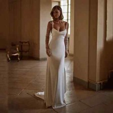 Luxury Pearls Mermaid Wedding Dress Spaghetti Straps Backless Satin Bridal Gowns