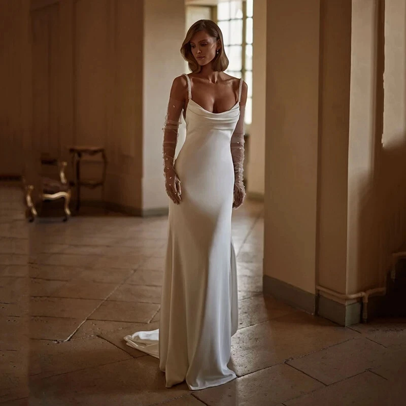 Luxury Pearls Mermaid Wedding Dress Spaghetti Straps Backless Satin Bridal Gowns - Image 2 of 4