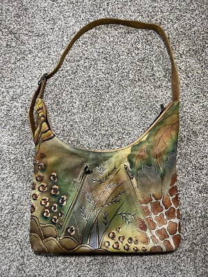 Anuschka Animal Jungle Top Zip Hobo Painted Leather 12''x9'' Shoulder Bag