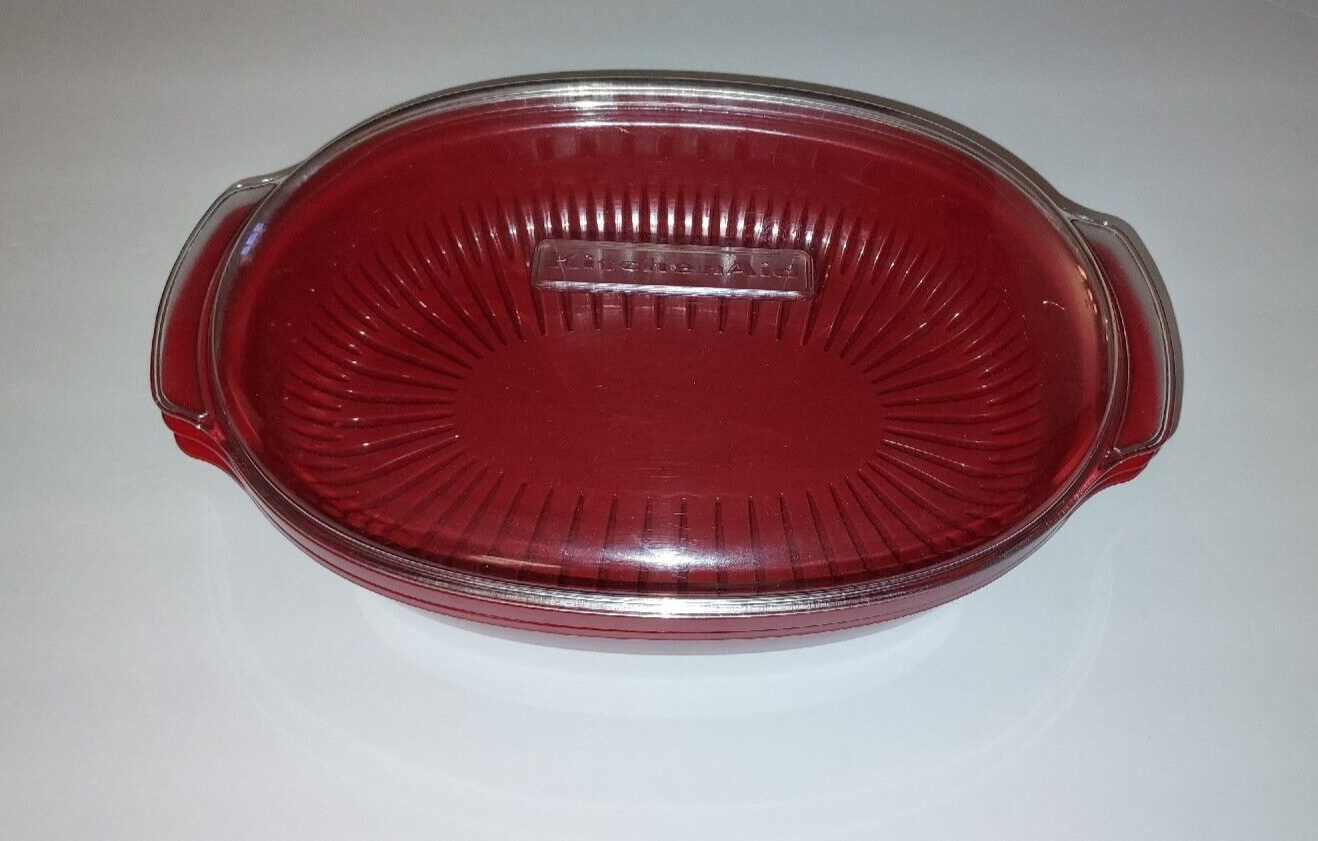 KitchenAid Red Microwave Steamer Dish 3 Piece Set Oval Casserole w/ Lid