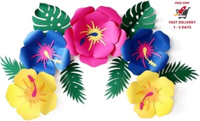 Decoraciones de flores de papel, hibisco luau y hojas tropicales