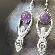 Boucles d'oreilles argentées déesse soeurs améthyste wicca symbole païen cadeau