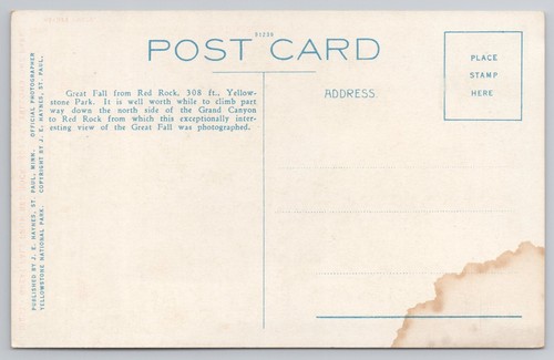 Postcard Great Fall From Red Rock Yellowstone Park Haynes Red Letter - Picture 2 of 2