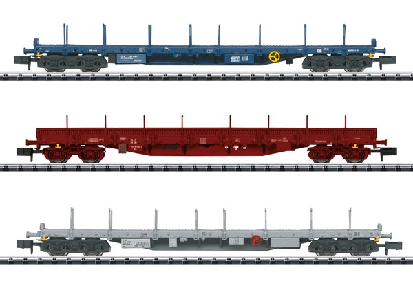 Minitrix N 18723 Wagenset 3 Flachwagen Mit Rungen Bauart Rnss Der Cfl/Sncb Neu-image