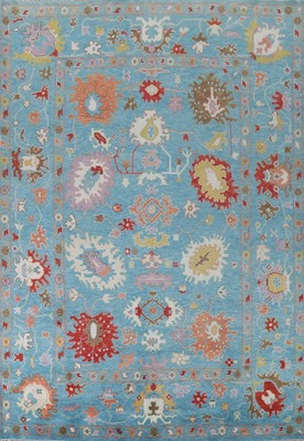 Vintage Oushak Rug Hand Knotted Sky Blue Turkish Area Carpet